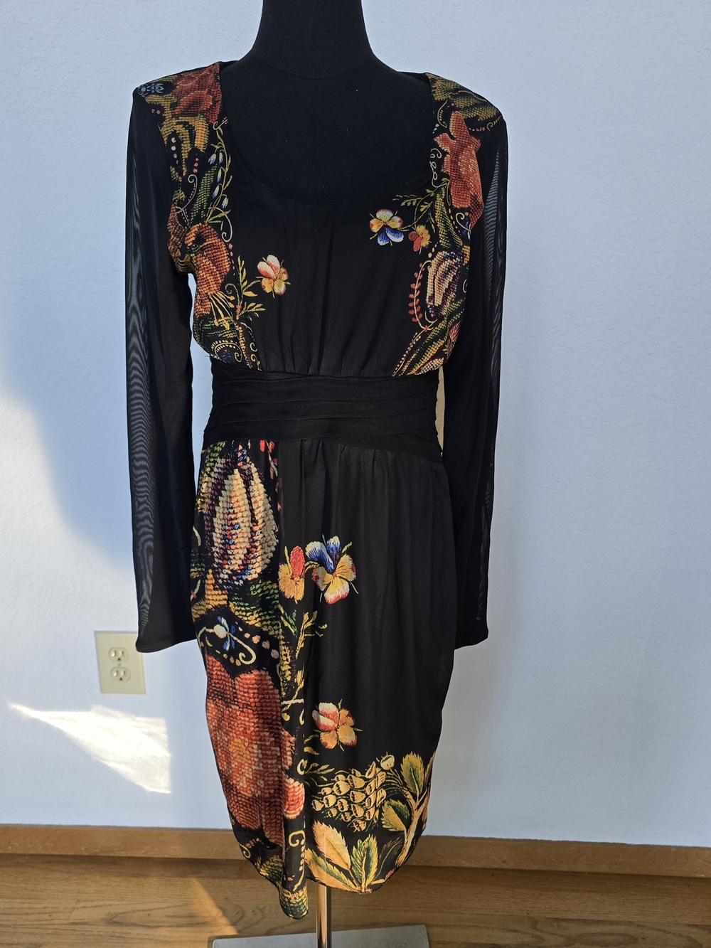 Desigual Black Floral Long-Sleeve Waist-Detail Dress